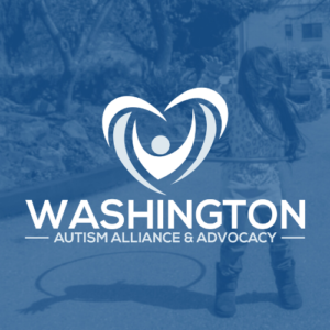 Washington Autism Alliance and Advocacy Logo with heart, over photo of girl hula-hooping